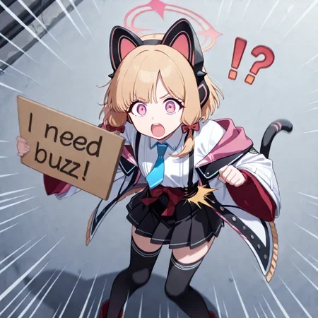 masterpiece,best quality,highres, absurdres, 1girl, solo, eyelashes, (beautiful eyes), zzMomoi, blonde hair, animal ears, fake animal ears, animal ear headphones, headphones, short hair, bow, halo, cat ear headphones, hair bow, red bow, pink eyes, pink halo, tail, cat tail, red eyes, collared shirt, long sleeves, pleated skirt, white shirt, black skirt, blue necktie, white jacket, wide sleeves, black thighhighs, suspender skirt ,<lora:MomoiBlueArchiveIXL:1.0>,
<lora:blue_archive-ixl-style-soralz:1>, (blue archive style),
<lora:stomach-punch-illustriousxl-lora-nochekaiser:1>, stomach punch, open mouth, !?, punching, surprised, emphasis lines, motion lines, motion blur, bent over, (dark-skin male), (black skin male),
(need_buzz), (holding sign),
close to viewer, from above,
sh1buya,