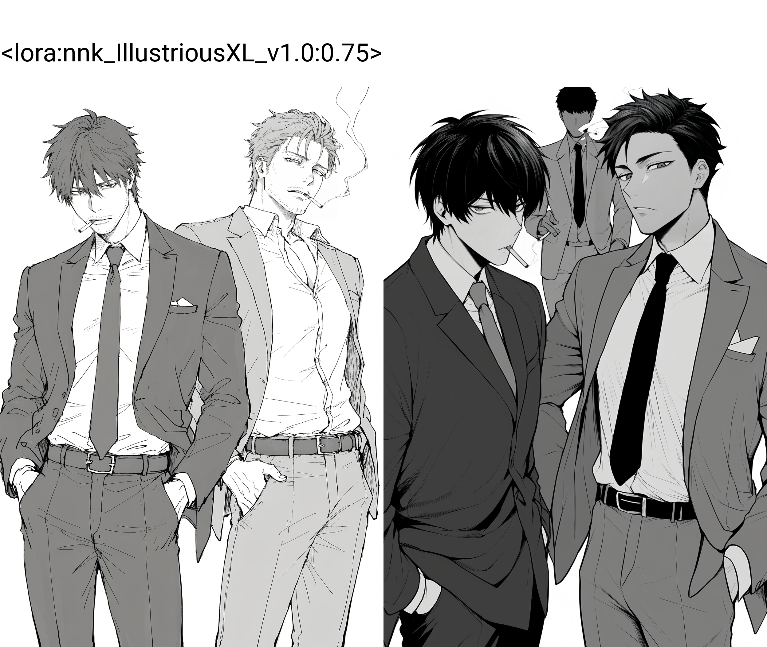 masterpiece,best quality,
looking at viewer, short hair, simple background, shirt, white background, jacket, monochrome, greyscale, male focus, japanese clothes, multiple boys, necktie, collared shirt, belt, pants, 2boys, kimono, formal, suit, cigarette, smoking,
nnk, <lora:nnk_IllustriousXL_v1.0:0.75>