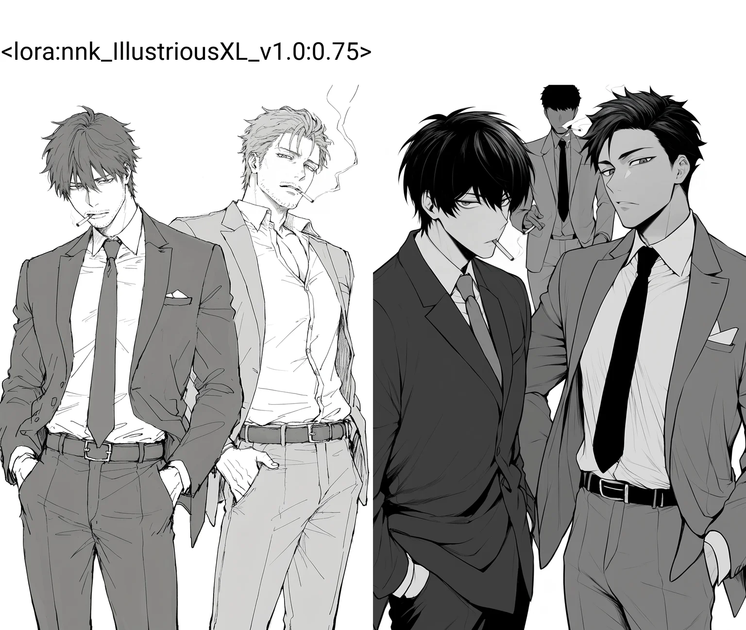 masterpiece,best quality,
looking at viewer, short hair, simple background, shirt, white background, jacket, monochrome, greyscale, male focus, japanese clothes, multiple boys, necktie, collared shirt, belt, pants, 2boys, kimono, formal, suit, cigarette, smoking,
nnk, <lora:nnk_IllustriousXL_v1.0:0.75>