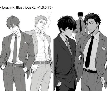 masterpiece,best quality,
looking at viewer, short hair, simple background, shirt, white background, jacket, monochrome, greyscale, male focus, japanese clothes, multiple boys, necktie, collared shirt, belt, pants, 2boys, kimono, formal, suit, cigarette, smoking,
nnk, <lora:nnk_IllustriousXL_v1.0:0.75>