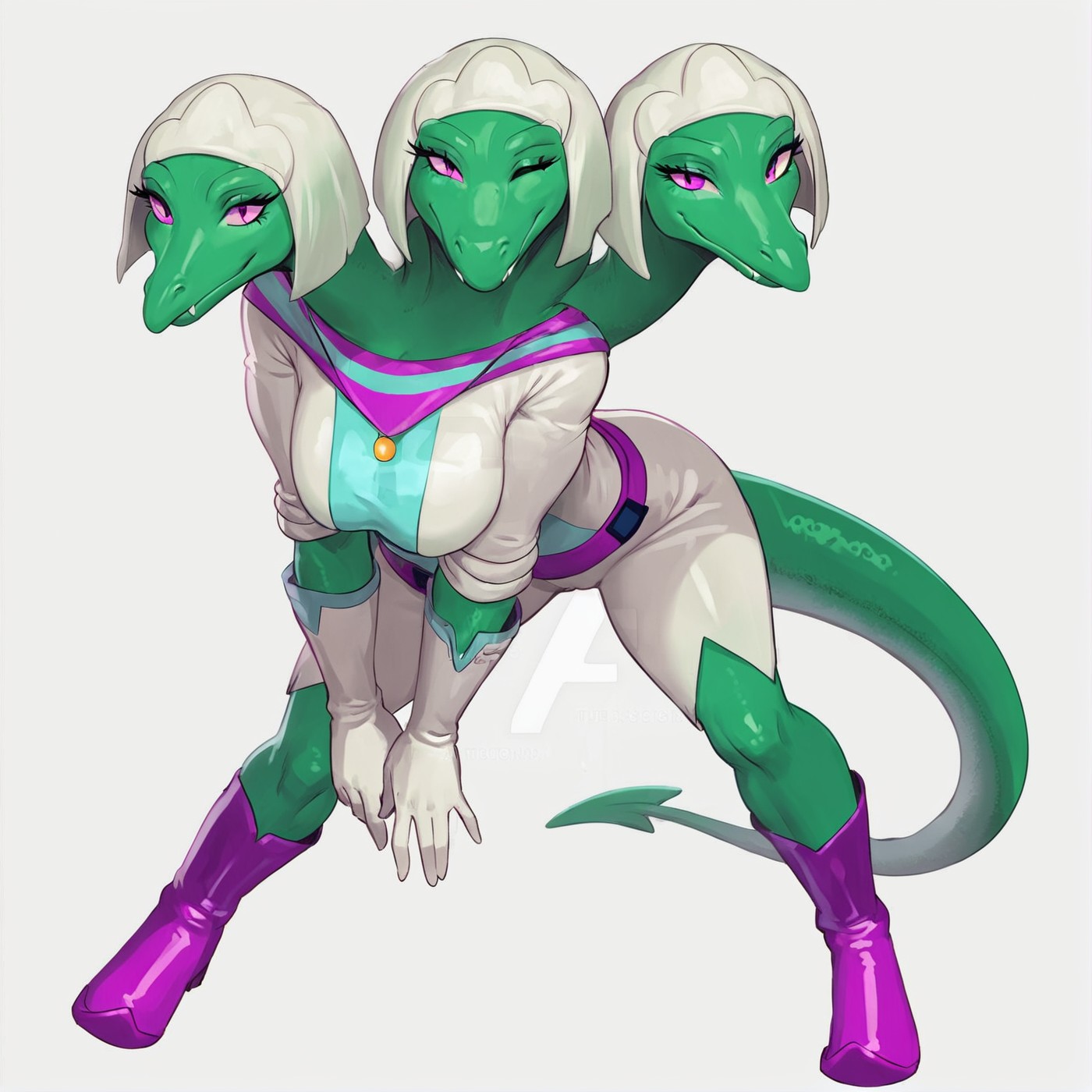 score_9,score_8,score_7,source_furry,
<solo:1.5>,
<1girl:2.5>,
trinoga, hydra, hydra girl, alien, alien girl, trinoga_muttabar, tail, 1girl, breasts, boots, gloves, colored skin, white background, white gloves, full body, large breasts, one eye closed, green skin, solo, purple footwear, simple background, looking at viewer, watermark, bodysuit,
( art by kikurage (crayon arts) ) ,
 <lora:Trinoga_Hydra_Muttabar:1> trinoga