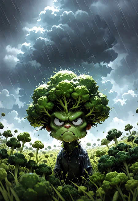 broccoli, grumpy, looking at viewer, no humans, single cloud, rain cloud, heavy rain, rain spot, wet, shiny, meadow, outdoors,  portrait, photo \(medium\), scenery, volumetric lighting, masterpiece, best quality, good quality, very awa, very aesthetic, absurdres, newest, opill