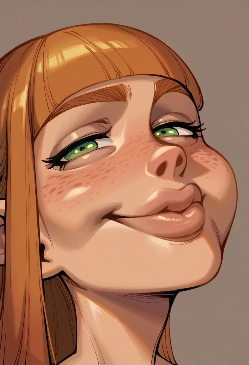 (Side profile:1.3), high detail, perfect face, very close-up, 1girl, long hair, ginger hair, blunt bangs, light skinned female, (Elf:1.3), smug laughing expression, green eyes, head tilted, plump lips, (up close shot of face, portrait:1.6),
BREAK
score_9, score_8_up, score_7_up, score_6_up, source_cartoon, rating_explicit