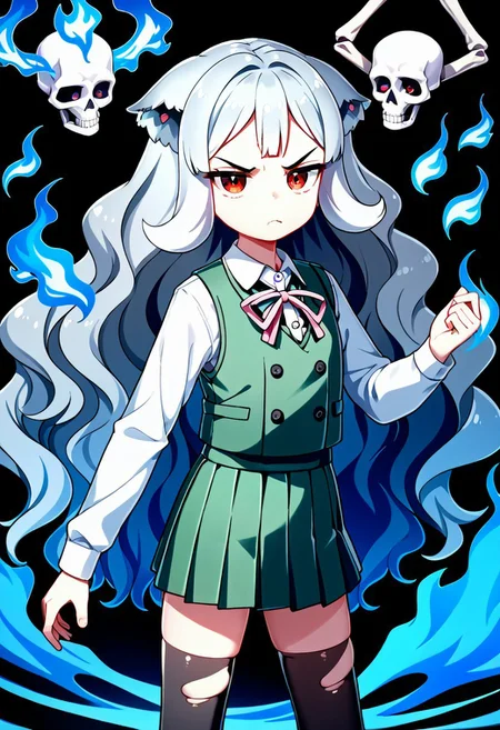 score_9, score_8_up, score_7_up, score_6_up, score_5_up, score_4_up,, 1girl, solo, original anime,
Koorimoto Man, Very Long Hair, Gray Hair, Wavy Hair, Short Bangs, Wavy Hair, Two-Tone Hair, Mammoth Ears, Flat Chest (Red Eyes: 1.2), skull eyes, Short, Green Vest, Green Skirt, School Uniform, Collared Shirt, Black Stockings, Pink Bow, White Shirt, Long-Sleeved Shirt,
,Annoyed, Serious, Hateful Glare,, torn clothes, skeleton hand, floating, blue fire in the adomen, in a cemetery, frowning, annoying, blue fire,looking at the viewer