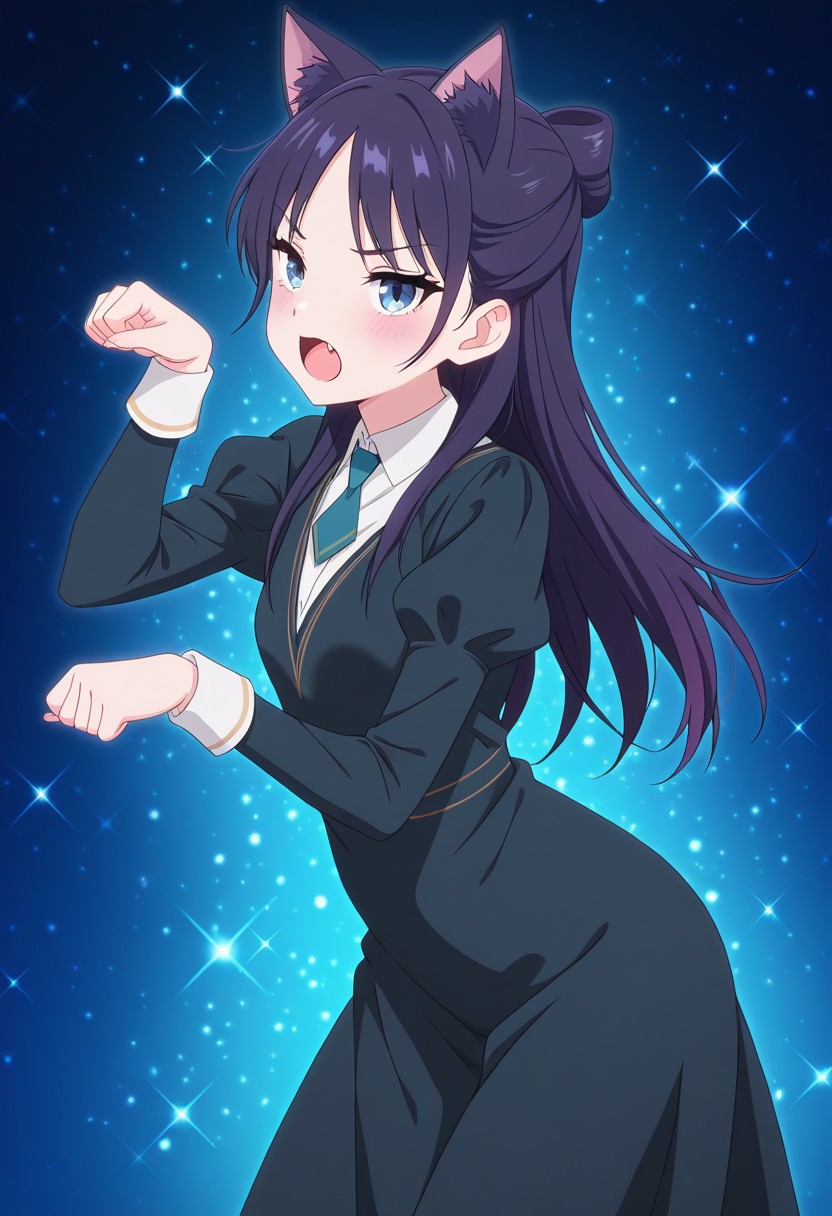 (absurdres, best quality, masterpiece:1.4), amazing quality, highres, newest, detailed, detailed body, detailed face, source anime, anime coloring, beautiful, petite, sparkles background, kemonomimi mode, 
BREAK
WWNemu, 1girl, solo, meowing, nyan, NemuAniHu, dark purple hair, cat ears, parted bangs, half updo, blue eyes, v-neck dress, white inner collared shirt, Short necktie, juliet sleeves, long skirt, paw pose, fang, cute