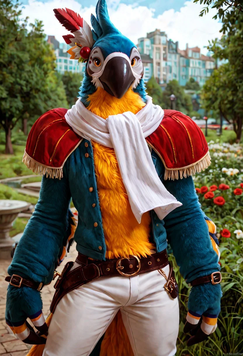 score_9, score_8_up, score_7_up, score_6_up, BREAK, anthro, male, KassPXL, anthro, yellow eyes, feathers, muscular:1.3, hunky, white scarf, stripped shoulder pads, white pants, belt, feather headpiece, (fursuit), looking at viewer, photorealistic, park