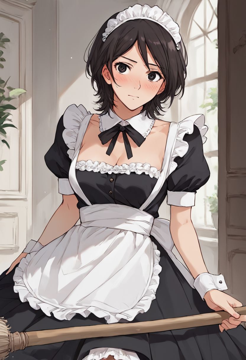 score_9, score_8_up, score_7_up, source_anime, 1girl, solo, takahashi maya, 1girl, short hair, black hair, black eyes, victorian maid, victorian mansion, blush, broom