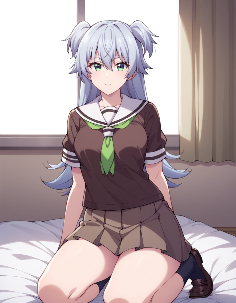score_9, score_8_up, score_7_up, source_anime, uncensored, <lora:StS_detail_slider_v1:3>, zPDXLxxx, <lora:Sora_Tenkuji_PONYXL_VexVexX:1>, SoraTenkuji, green eyes, grey hair, long hair, bangs, hair between eyes, two side up, medium-small breasts, school uniform, skirt, brown skirt, pleated skirt, shirt, brown shirt, short sleeves, sailor collar, white sailor collar, green neckerchief, cowboy shot, bedroom, from back, Kneeling on both knees with legs apart, torso upright with arms stretched out to the sides, thighs, looking at viewer