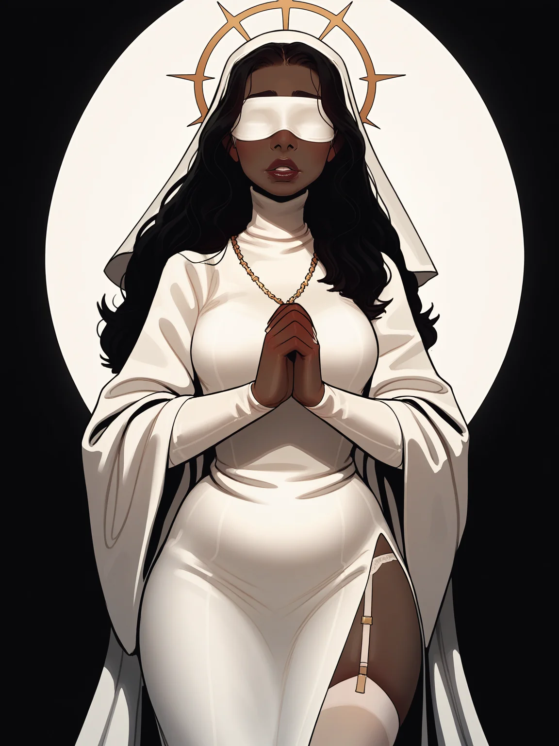 score_9, score_8_up, score_7_up, score_6_up, score_5_up, score_4_up,
BREAK
1girl, dark skin, white blindfold, blindfold, dark red lips, black hair, wavy hair, long hair, thick lips, adult, mature, white hat, white habit,
BREAK
solo, standing, cowboy shot, thick thighs, praying, nun, white robe, ornate robe, gold trim, small breasts, curvy, gold crown of thorns, star halo, cross necklace, turtleneck, side slit, white garter belt, white lace thighhighs,
BREAK
black background, realistic, incase, <lora:Lunas-InCase-SDXL-A3:1>