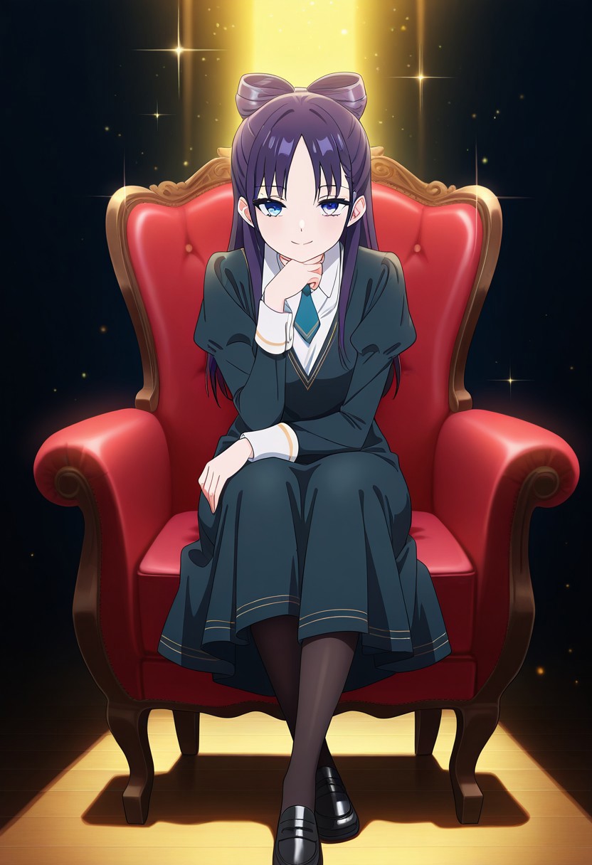 straight-on, (absurdres, best quality, masterpiece:1.4), amazing quality, highres, newest, detailed, detailed body, detailed face, source anime, anime coloring, beautiful, dark background, petite, on fancy red chair, sitting, yellow light ray, cross legs, hand to own chin, downturned eyes, looking ahead,  sparkles,
BREAK
WWNemu, 1girl, solo,  smile, NemuAniHu, dark purple hair, bow-shaped hair, parted bangs, half updo, blue eyes, v-neck dress, white inner collared shirt, Short necktie, juliet sleeves, long skirt, black pantyhose, black shoes, hand on armrest,