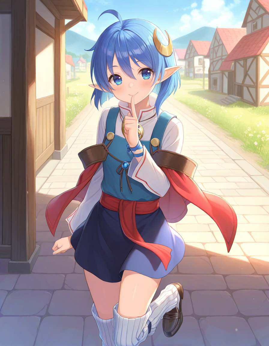 <lora:so2rena_SDXL_Illustrious_fp16_ver04:1> ,so2rena, 1girl, skirt, blue hair,blue eyes, ahoge,crescent hair ornament, red cape,shirt,blue skirt,long sleeves,brooch,loafers, cape,thigh loose socks,:>,shushing,village, looking at viewer,, masterpiece, best quality, very aesthetic, absurdres,<lora:detailed_hands:1>,hand