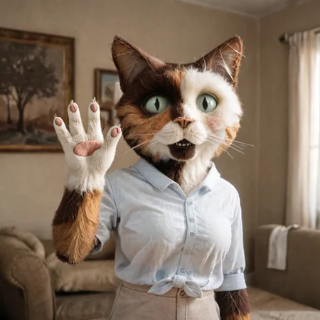 white shirt, realistic, chair, curtains, short hair, two-tone hair, teeth, animal ears, white fur, blurry, animal, ((cute smile)), ((shy)), ((blushing)), light brown pants, blurry background, ((standing)), smiling, big breasts, furry female, ((front view)), ((full body)), ((one closed eye)), ((waving with hand)), ((greeting)),((four fingers)), ((cat tail)), dark wood room, ((cat eyes)), ((perfect eyes)), ((detailed eyes))