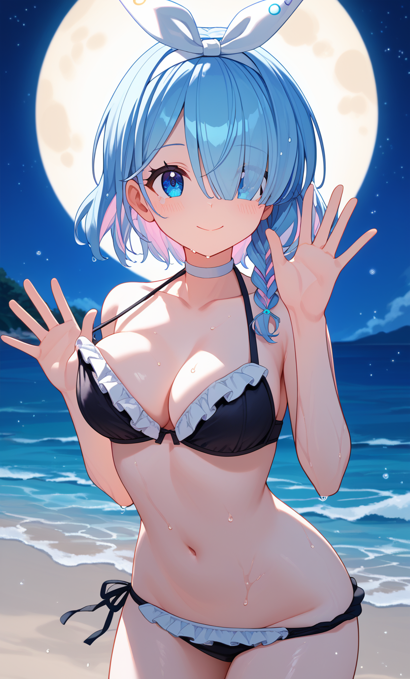 score_9, score_8_up, score_7_up, ASCII score_9, source_anime, 8K, UHD, high detail RAW color art, intricate details, beautiful atmosphere, sharp eyelid, sharp eyelashes, thick eyelashes, long eyelashes, beautiful skin, beautiful face, curvaceous figure, perfect anatomy, perfect hands, detailed embroidery, detailed backgrounds, Visual Representation,
1girl, solo, <lora:ã¢ã­ãpn1:1>, arona, blue eyes, blue hair, short hair, single braid, hair over one eye, halo, white choker, white hairband, black bikini, frilled bikini, halterneck, frills, wet, smile, closed mouth, waving, strapless, colored lighting, natural lighting, outdoors, bra lift, nipple, panty pull, beach, night, moon, star \(sky\), grabbing, breasts, dramatic lighting, particles,