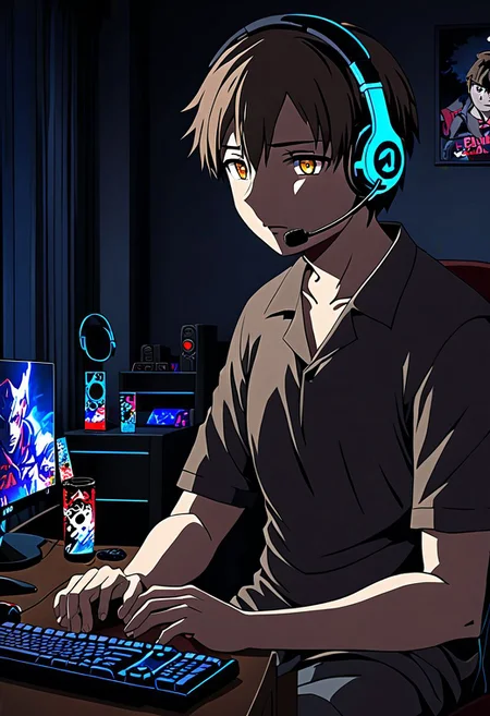 high resolution, solo, best quality, 1Boy, Takaki Toono, Brownish Hair, Brown Eyes, gamer, bedroom, night, pc, sit, headset, portraits, OverallDetail