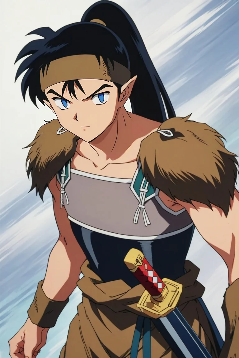 score_9, score_8_up, score_7_up, source_anime, rating_safe, intricate details, , , depth of field, 1boy, solo, male focus, <lora:kouga_inuyasha_pony:0.9>, kouga_inuyasha, black hair, blue eyes, long hair, ponytail, pointy ears, headband, armor, sword, sheath, , , <lora:sdxl_lightning_8step_lora:1>