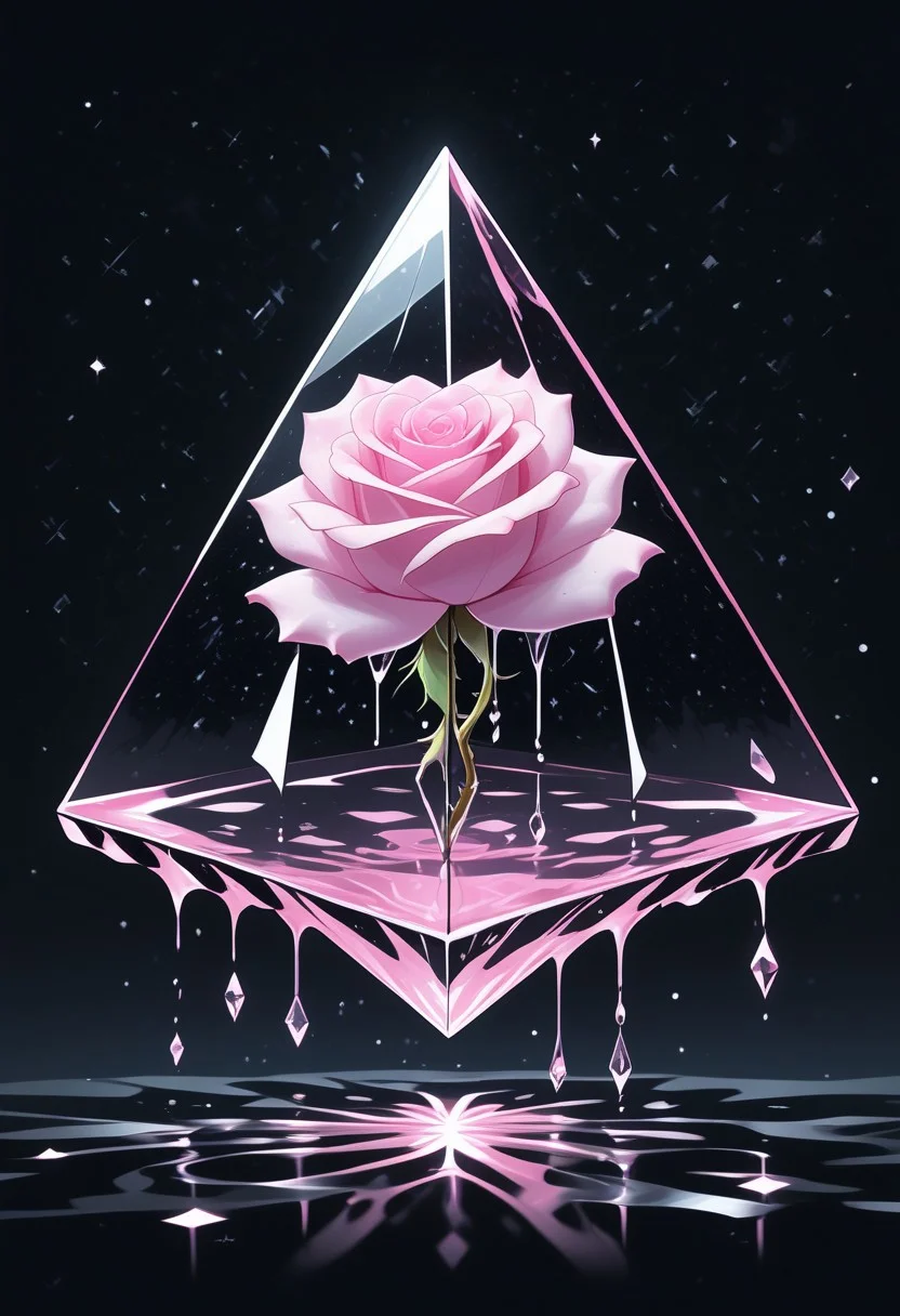 (masterpiece), best quality, Anime, Illustration, (Floating Pyramid, Crystal, Magic, Reflection, Melting, Dripping, Pink Rose), Black Background, No Humans, Starry Theme, (Light Refraction), White and Pink Theme, Natural Lighting, Verynsty
