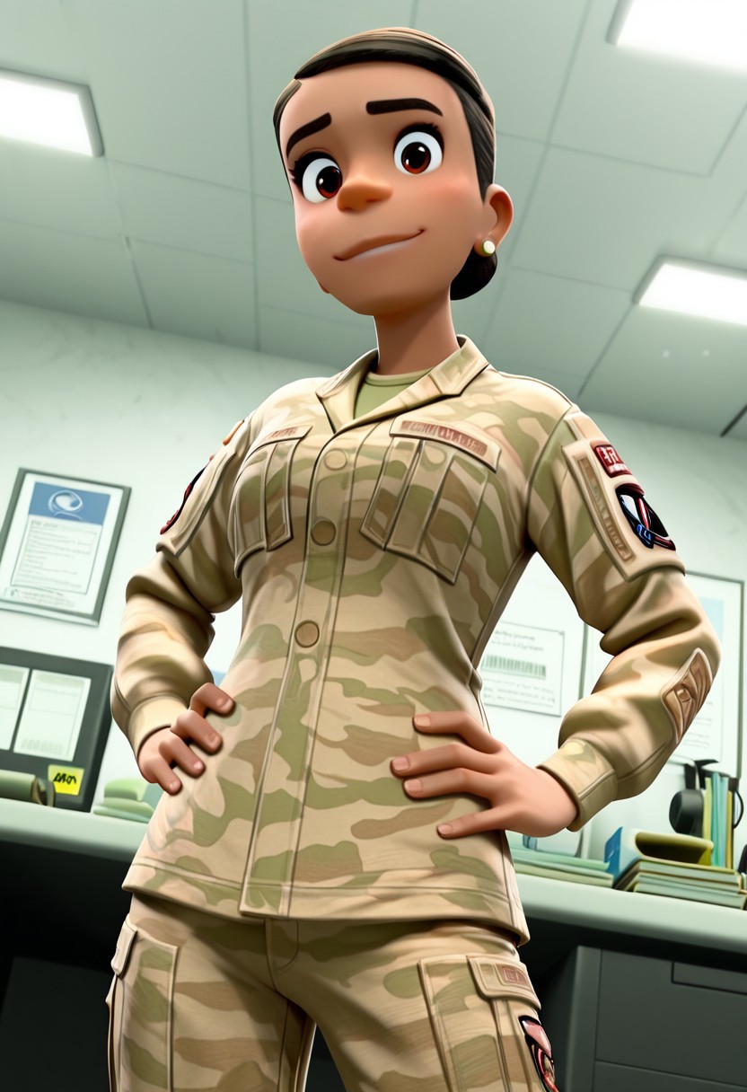 masterpiece, best quality, amazing quality, accurate style, detailed face, accurate colors, detailed eyes,
0lg4EL10, pixar style, 1girl, dark skin, black hair, hair bun, brown eyes, slicked hair, solo, 3d,
military uniform, earring,
smiling, hands on hips, looking at viewer, from below, dramatic angle, dutch angle, cowboy shot, 3 quarter angle,
office background,