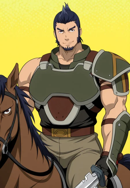 solo, masterpiece, modern, new, 1boy, male, masculine face, daddy looking face,

IxiomSainglain, black hair, sideburns, beard, bara, armor, horseback riding, riding horse, smiling, looking at viewer, holding sword