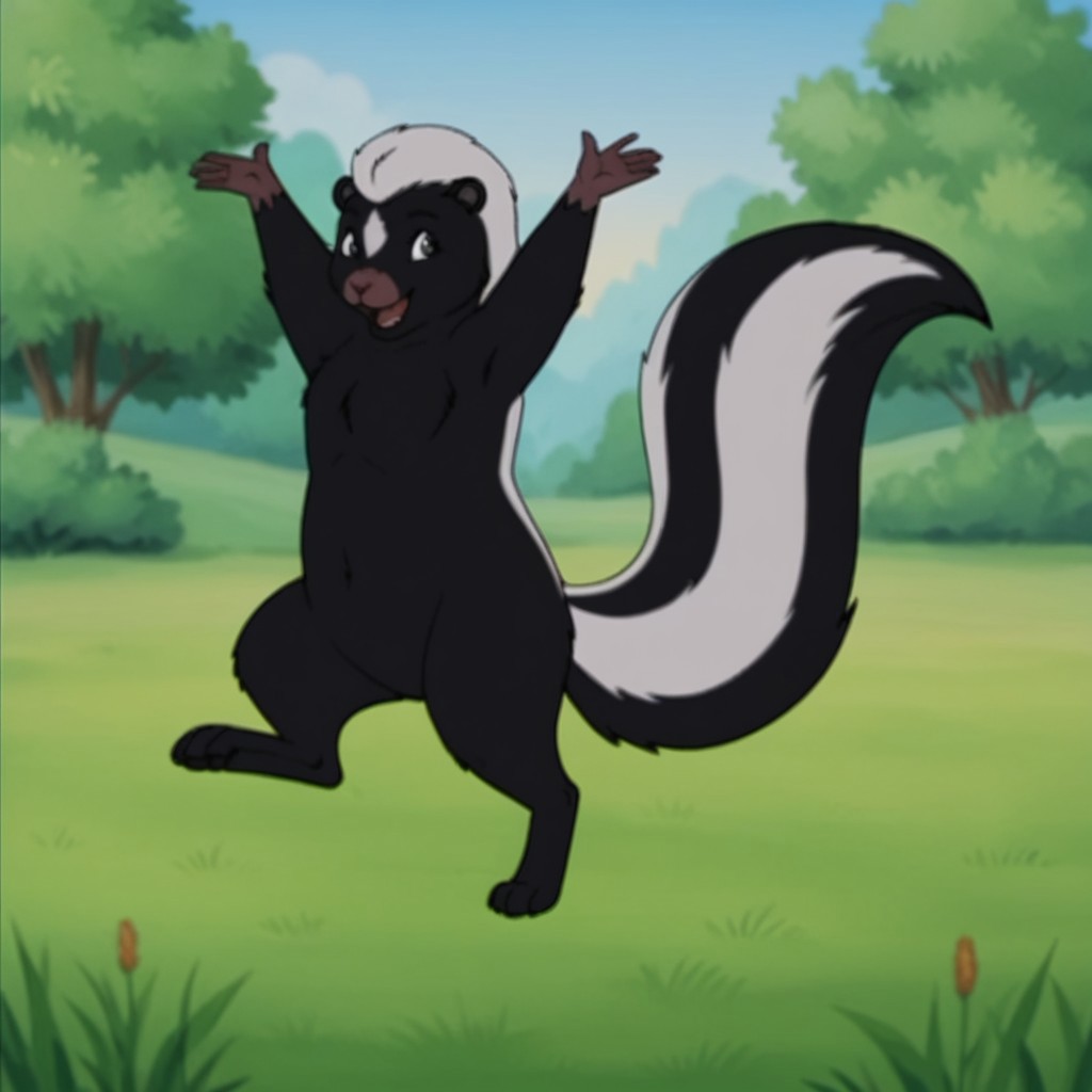 score_9, score_8_up, score_7_up, score_6_up, score_5_up, score_4_up, source_furry, skunkfrnkln, semi-anthro, female, skunk, black fur, outside, dancing, in a field,