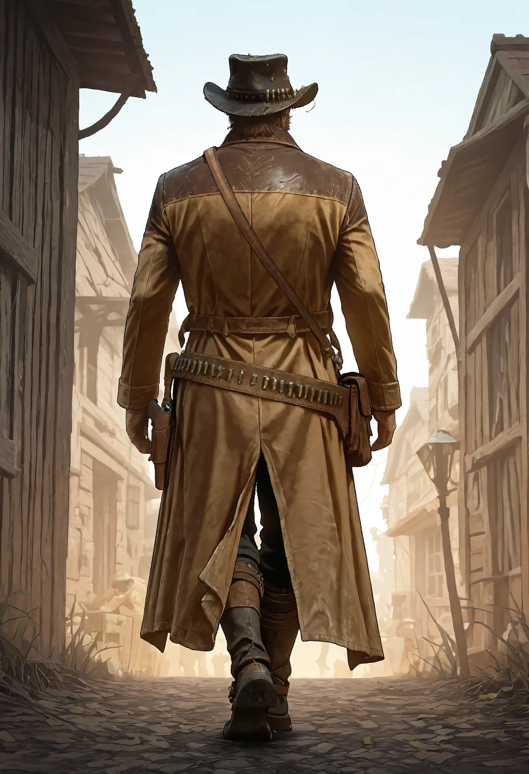 1boy, rdr2arthurm0rgan, mature male, messy medium brown hair, blue eyes, scruffy beard,
dark cowboy hat, distressed hat, brown long coat, dark pants, belt, large buckle, bullet loops, holster, wrapped boots, satchel, walking,
western town, from behind,
masterpiece, best quality, absurdres, newest, perfect quality, detailed background, intricate details, great lighting