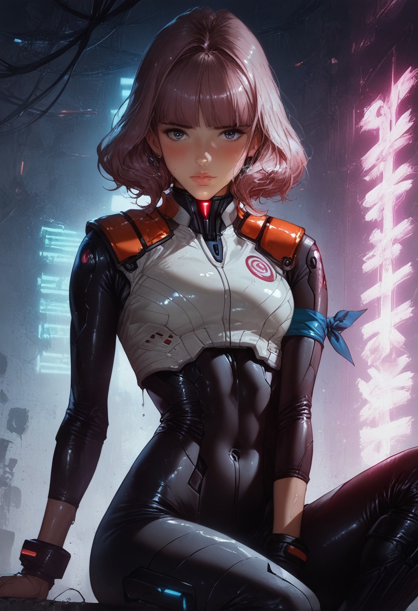 score_9, score_8_up, score_7_up,source_anime, 1girl,Midori Kitakami,black bodysuit, blue armband, black boots, lustful looking, heavy blushing, shiny skin, wet skin, eye contact, sits with seductive pose, stomach focus, detailed background, inside, futuristic, neon lights, volumetric lighting, vivid colours, g0thicPXL, glowing, neon, natural lighting,, professional lighting, perfect quality, high quality, photorealistic, (((supermodel))),((goddess))