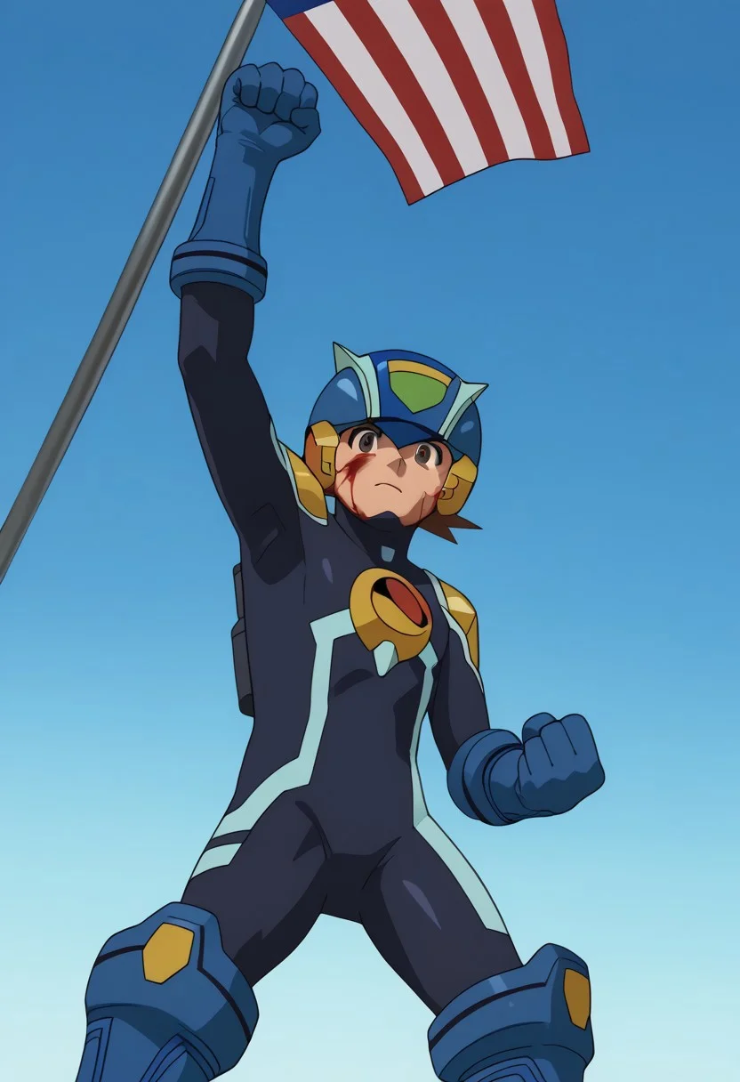 score_9, score_7_up, BREAK,
1boy, male focus, solo, lan hikari, brown eyes, bodysuit, blue gloves, blue boots, helmet,
<lora:assassinationattemptv1:1>, assassinationattempt, american flag, flag, 1boy, blue sky, arm up, clenched hand, (blood on face), solo, pole,