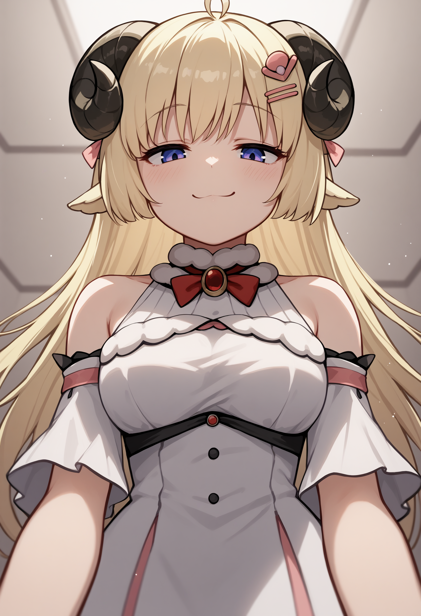 score_9, score_8_up, score_7_up, source_anime, tsdef, blue eyes, purple eyes, horns, sheep horns, sheep ears, ahoge, bangs, blonde hair, long hair, hairclip, hair ornament, bow, brooch, bare shoulders, dress,  breasts, :3, smug, half-closed eyes, portrait, looking down, pov<lora:TsunomakiWatameXL:1>