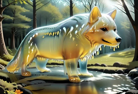 animal_guardian, wolf, black wolf, Wolf made out of black slime, black slime wolf in a forest, forest made out of slime, (((black slime)))
natural light, no bright spots, 
((translucent slime)), ((transparent slime)), made of water, (bioluminescent slime), sl1m3, slime, slime-morph, ais-blmn, saturated colors, no creatures, no humans, no monsters, no pokemon, scenery only, scenery, ral-lava, watce
