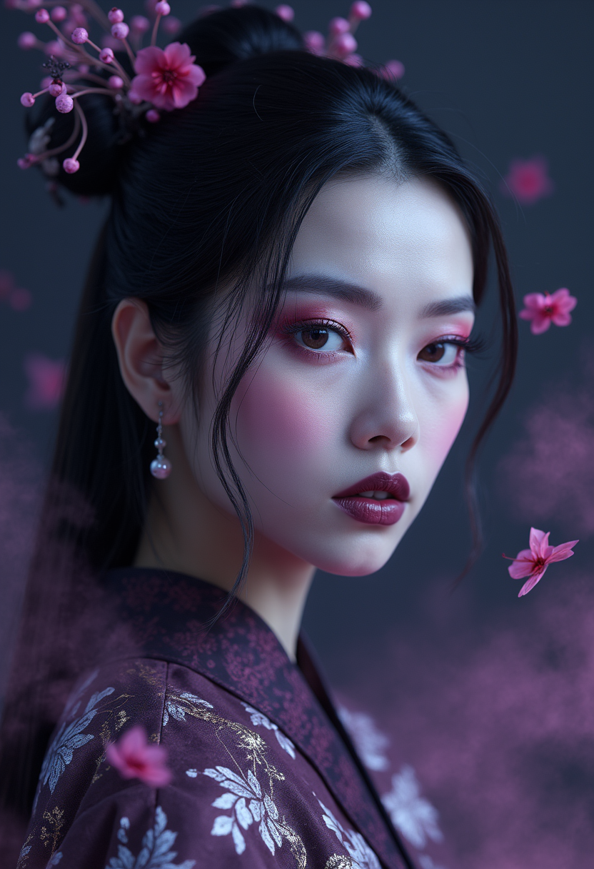 cinematic film still breathtaking A highly detailed, realistic full body  picture  of a Chinese Zixia woman 28yo with a pale complexion, dark straight hair in an elegant updo with a few loose strands framing her face, intricate makeup , deep black lips, wearing a high-collared garment with floral patterns in a dark, muted palette, against a dark gradient background, emphasizing her enigmatic and mystical aura,, high resolution, rich textures, and contemplative mood. Dark makeup,she is  descending from the heavens enveloped in a mist of purple and pink clouds
. Her eyes are a deep piercing and  brown
 <lora:aidmaGLOWV4wc:0.55> aidmaglow . award-winning, professional, highly detailed . shallow depth of field, vignette, highly detailed, high budget, bokeh, cinemascope, moody, epic, gorgeous, film grain, grainy