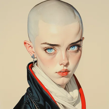 ArsMJStyle, Colored pencil hyperdetailed realism <lora:HyperdetailedColoredPencilV2SDXL:1> ArsMJStyle, Colored pencil hyperdetailed realism, The image is a portrait of a young woman with a shaved head. She is wearing a black jacket with a red collar and a white scarf around her neck. Her hair is shaved close to her head and she has a serious expression on her face. Her eyes are blue and her eyebrows are perfectly groomed. She has a pair of large dangling earrings on her left ear. The background is a light beige color. The overall style of the image is modern and minimalistic., earrings, solo, jewelry, blue eyes, 1boy, looking at viewer, male focus, cross earrings, portrait, simple background