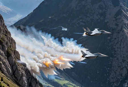 (Pilots flying the Euro Fighter jets between mountains), (displaying the low level flying capabilities of the Euro Fighter jets), hitting amazing speeds as the tilt and wind through the valleys and canyons, (view from side of euro fighter jets), (launching missiles with a stream of white vapors with flames), (a true display of military might power), (motion scenes), (pain staking attention to fine details of the jets) ,4k, surreal, (epic photography),