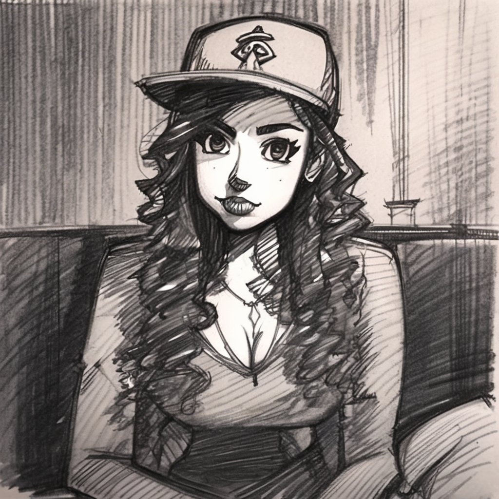 drawix21a girl with long dark curly hair, a gangster in a cap, sitting on a large dusty armchair in a dark room, black ink<lora:drawix21:1>