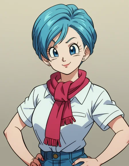 zPDXL, score_9, score_8_up, score_7_up, score_6_up, score_5_up, source_anime, 4k, absurdres, 1girl, solo
<lora:Broly_v1:0.8> dbsb, bulma, short hair, blue hair, blue eyes, white shirt, short sleeves, red scarf, blue jeans, upper body, portrait, smile, v, hand on own hip,