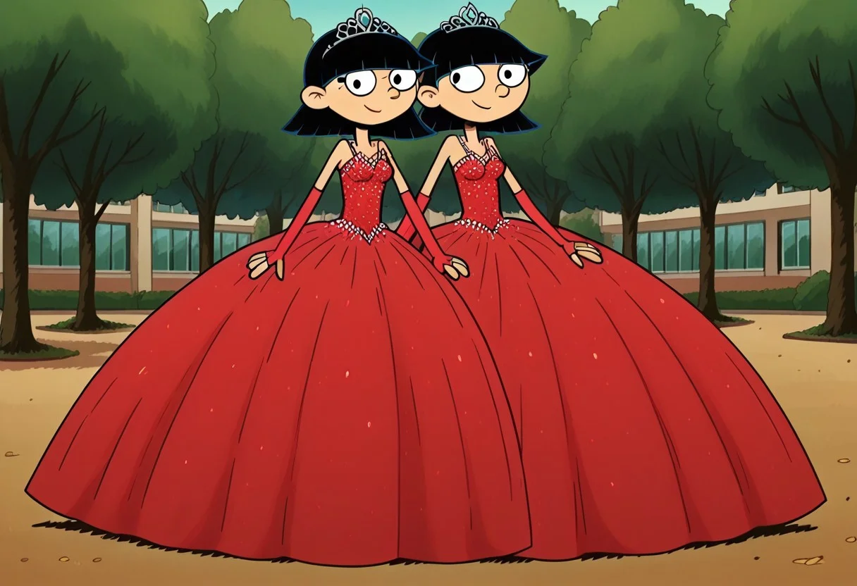 score_9_up,score_8_up,score_7_up,score_6_up,score_5_up,score_4_up BREAK rhonda,black hair, black eyes, bob cut, blunt bangs, Very large red floor length gown, ball gown, rhimestones. She is also wearing a tiara, hoop skirt, dome shape skirt, quinceanera, prom, pageant, long elbow length red fingerless Satin bridal gloves, contrapposto, hand on own hip, park, tree, building,smile,arm at side, leaning to the side, dutch angle, looking at viewer,    <lora:RhondaPony:1>