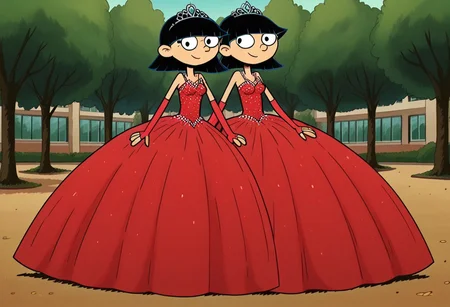 score_9_up,score_8_up,score_7_up,score_6_up,score_5_up,score_4_up BREAK rhonda,black hair, black eyes, bob cut, blunt bangs, Very large red floor length gown, ball gown, rhimestones. She is also wearing a tiara, hoop skirt, dome shape skirt, quinceanera, prom, pageant, long elbow length red fingerless Satin bridal gloves, contrapposto, hand on own hip, park, tree, building,smile,arm at side, leaning to the side, dutch angle, looking at viewer, <lora:RhondaPony:1>