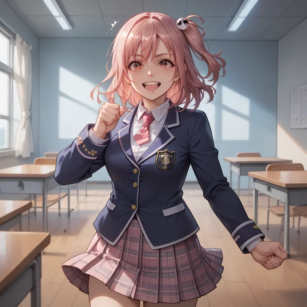 score_9, score_8_up, score_7_up, score_6_up, score_5_up, sourse_anime, zPDXL, rating_ safe BREAK,
solo, 1girl, <lora:ponyRealistic_v1-gamma:-0.4>
<lora:doahonoka:1>, honoka, one side up, pink hair, honokaschool, school uniform, plaid skirt, white thighhigh, in class room, smile, happy, hands clenching into fists, indicating anger or frustration, <lora:add-detail-xl:1> <lora:detail_eyes:0.5>