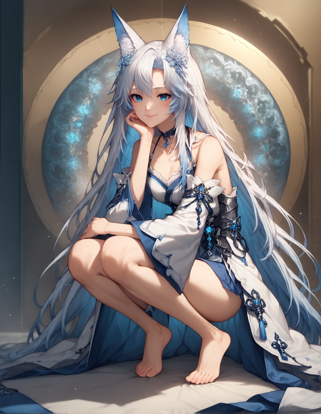 <lora:smug_alana:.7> al4ana, blue eyes, long hair, white hair, hair ornament, loose hair, choker, detached sleeves, robes, animal ears, smile, squatting, score_9, score_8_up, score_7_up, intricate details, rating_safe, fantasy setting,
depth of field, detailed background,
<lora:ral-chrosc-clr:0.5>, ral-chrosc-clr,
<lora:Expressive_H:0.5>, expessiveH,
<lora:xl_more_art-full_v1:0.3>,
<lora:add-detail-xl:0.3>, <lora:hand 4:0.5> hand person, 
<lora:feet v3:0.5> feet style, 
<lora:Eyes_High_Definition:0.25> eyeshd