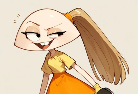 score_9, score_8_up, score_7_up BREAK pegTO, 1girl, bald head, black eyes, yellow hairclip, light brown ponytail, ponytail, buckteeth, bucktooth, no jaw, no lower jaw, half head, jawless, yellow longsleeved shirt, orange skirt, yellow socks, white black shoes,