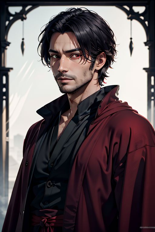 Master piece, highest quality, highest possible OverallDetail, semirealistic,  red eyes,
Create an elder of a demonic sect.
The character looks like he is in his late twenties or early thirties. He is handsome.
He has black shoulder-length shaggy hair. 
His outer robe is black and the inner robe is dark red. 
His eyes are dark red. Detailed face. Red robe.