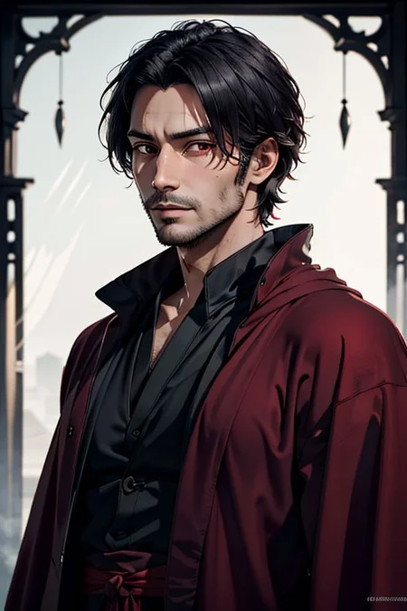Master piece, highest quality, highest possible OverallDetail, semirealistic, red eyes,
Create an elder of a demonic sect.
The character looks like he is in his late twenties or early thirties. He is handsome.
He has black shoulder-length shaggy hair.
His outer robe is black and the inner robe is dark red.
His eyes are dark red. Detailed face. Red robe.