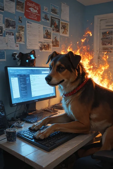 looking at viewer,detailed background,Cinematic Lighting,film grain,score_9,score_8_up,score_7_up,masterpiece,best quality,highly detailed,
<lora:(增强)sdxl_lightning_8step_lora:1>,<lora:glowneon_xl_v1:1>,glowing,<lora:Expressive_H:0.8>,Expressiveh,<lora:th3rm4lXLP:0.4>,th3rm4l,colorful,
realistic,computer,no humans,keyboard (computer),monitor,english text,dog,fire,speech bubble,animal,indoors,keyboard \(computer\),