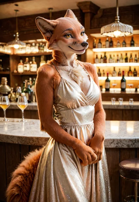 score_9, score_8_up, score_7_up, gray anthro female fox, golden eyes, copper fur, ((bald)), furry, fluffy fur, fluffy foxtail, elegant dress, bar, furry hands,  smile, ears tugged back, ears folded back, flat ears