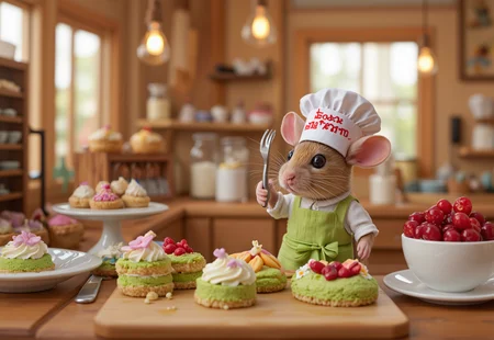 High quality and high contrast photography,The image depicts a whimsical miniature bakery scene, featuring a small mouse dressed as a baker, surrounded by an assortment of sweet treats. In the foreground, the tiny mouse stands out, adorned with pink ears and a white chef's hat bearing the name "Koe Sptelina" in red letters. It wears a green apron over its white shirt, holding a fork in one hand. The bakery counter is cluttered with an array of colorful pastries, including round cakes with green bases and cream tops, topped with what appear to be strawberries or flowers. To the left of the image, shelves are stocked with various ingredients and utensils, while behind the counter, more baked goods sit on wooden boards. A white bowl filled with red berries sits atop a cutting board next to the mouse. The background features a warm, sunny atmosphere, complete with wood-framed windows and hanging light bulbs. Overall, this image captures the essence of a cozy, inviting bakery where even the smallest customers can find something sweet to satisfy their cravings.