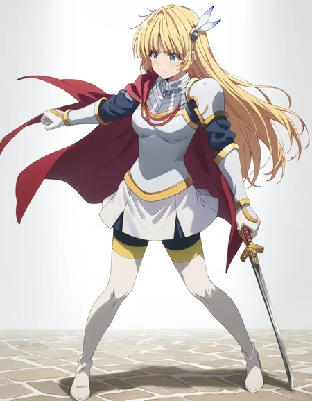 score_9, score_8_up, score_7_up, source_anime, high res image, masterpiece, best quality, detailed eyes, BREAK
1girl, solo, looking forward, gradient background, full body, standing, fighting stance, serious expression,
angelica (hitoribocchi no isekai kouryaku s1), long hair, blonde hair, feather hair ornament, blue eyes,
armor, breastplate, red cape, pauldrons, gauntlets, white gloves, white skirt, white thighhighs, thighboots,
holding weapon, arm on waist, holding sword,
<lora:angelica-hitoribocchi_no_isekai_kouryaku_s1_v3-anime-soralz:1>