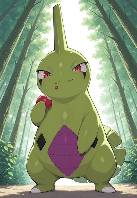 score_9, score_8_up, score_7_up, masterpiece, best quality, very aesthetic, absurdres, amazing quality, high resolution, ultra-detailed, volumetric lighting, newest, scenery, PKMN_Larvitar, 1other, solo, pokemon focus, lime skin, purple belly, ShinyLarvitar, alternate color, full body, standing, looking at viewer, holding, eating, berry_(pokemon), red eyes, smile, fang out, perspective, mountain