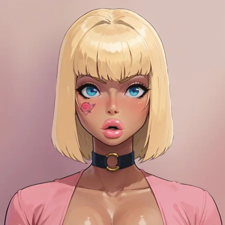 score_9, score_8_up, score_7_up, score_6_up,
rating_questionable, ((portrait))
1girl, ((18YO:1.2)), Adult, full lips, big clear eyes, blue eyes, ((blonde hair)), ((bangs)), blush face, shiny skin, ((pink clothes)), ((bimbo)), hide breasts, dark skin, tattoo on face
1girl, hetero, cleavage, pants, o-ring,