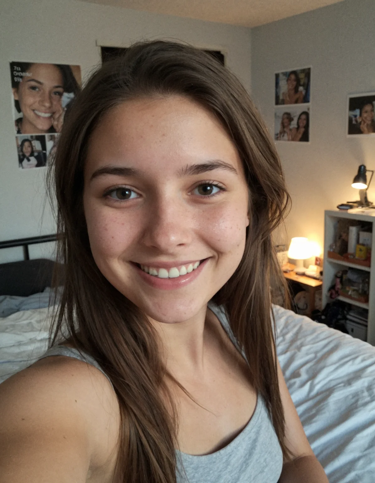 Authentic share, Amateur quality phone photo, A young woman taking a selfie with her phone, typical of a 2015 Snapchat post. She is smiling casually, with minimal makeup, in a casual setting like her bedroom. The lighting is soft and natural, coming from a window, and the background shows some personal items like posters and a bed