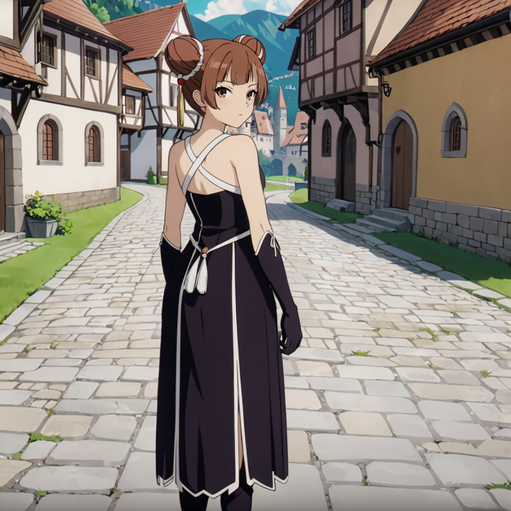 <lora:LaufenXL002>,<lora:DetailedEyes_V3:1.6>,looking at viewer,
solo,
anime screencap,
Laufen,1girl,brown hair,double bun,brown eyes,hair_ornament,
black dress,bare shoulders,
black gloves,
pelvic curtain,
boots,
medieval town,full body,looking back,