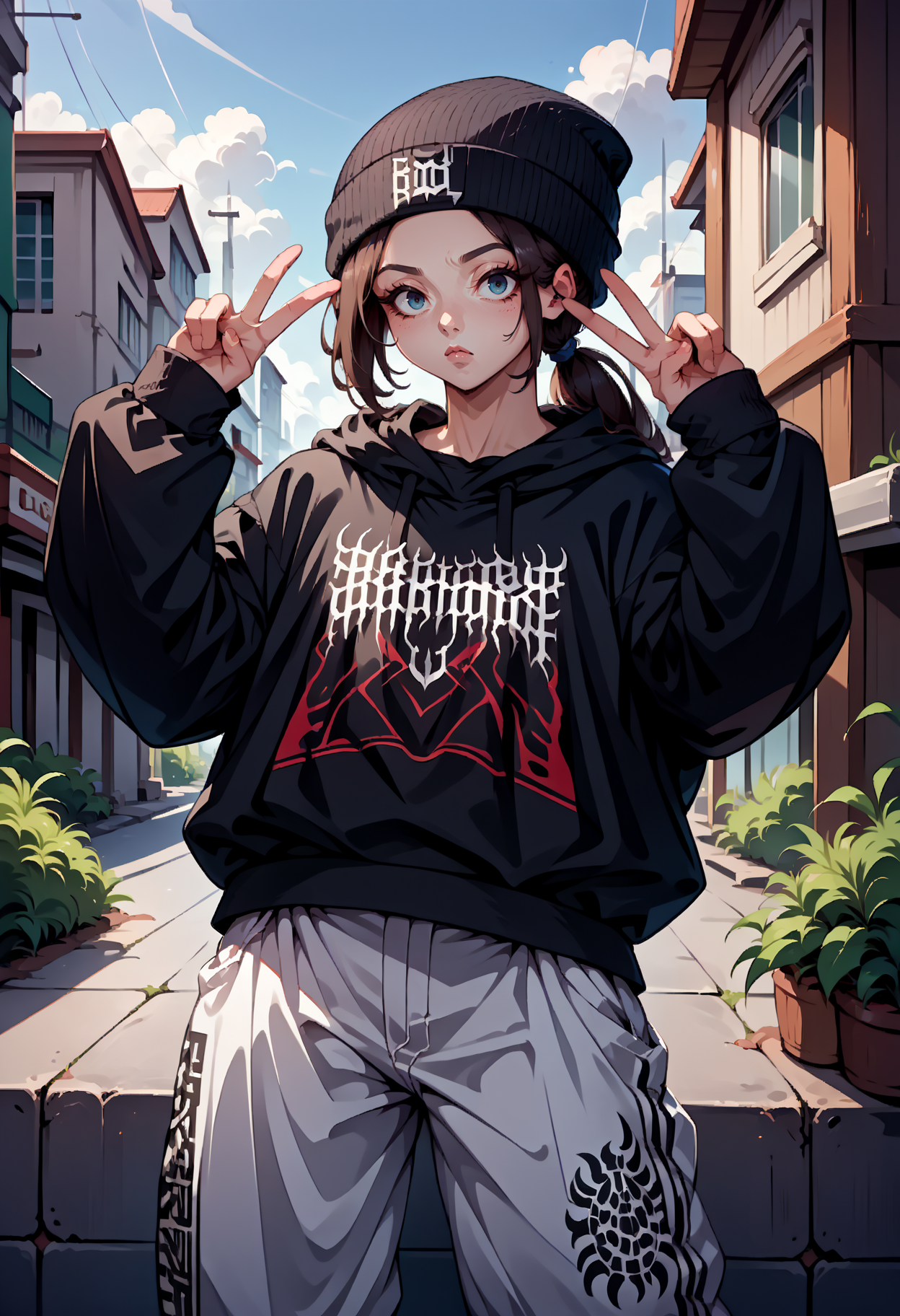 score_9, score_8_up,score_7_up, source_anime,1girl, solo, <lora:EPblackmetalprint-000012:1>, EPblackmetalprint, wearing EPblackmetalprint, black hoodie, hood down, baggy pants, white pants, air jordan 1, beanie, 1girl, long hair, low ponytail, outdoors, double v,
