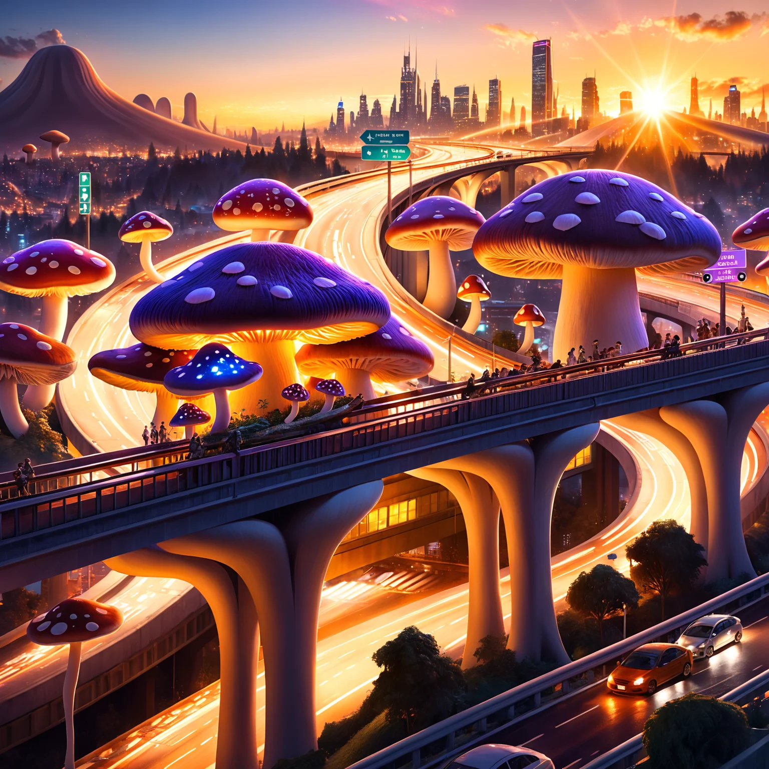 mushroom metropolis, mushroom architecture, intricate details, fantastical urban environment,  busy traffic, overpass highway,  glowing structures, vibrant city lights, hyper-realistic, detailed landscape, cinematic view, professional shot, ethereal glow, wide shot, dusk setting
 <lora:SDXLHighDetail_v5:1>  <lora:Chiaroscuro Lighting Style:1> Chiaroscuro Lighting Style, partially covered in shadow <lora:volumetric lighting style v2:1> volumetric lighting style, lens flare,